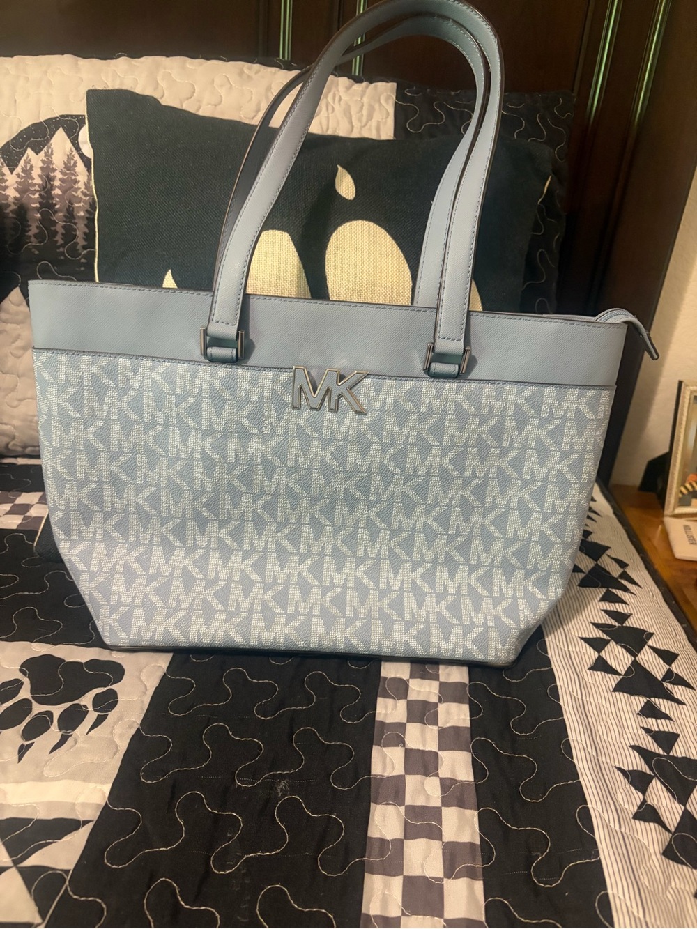 Michael Kors Pale Blue MK Monogram Tote with Silver Hardware